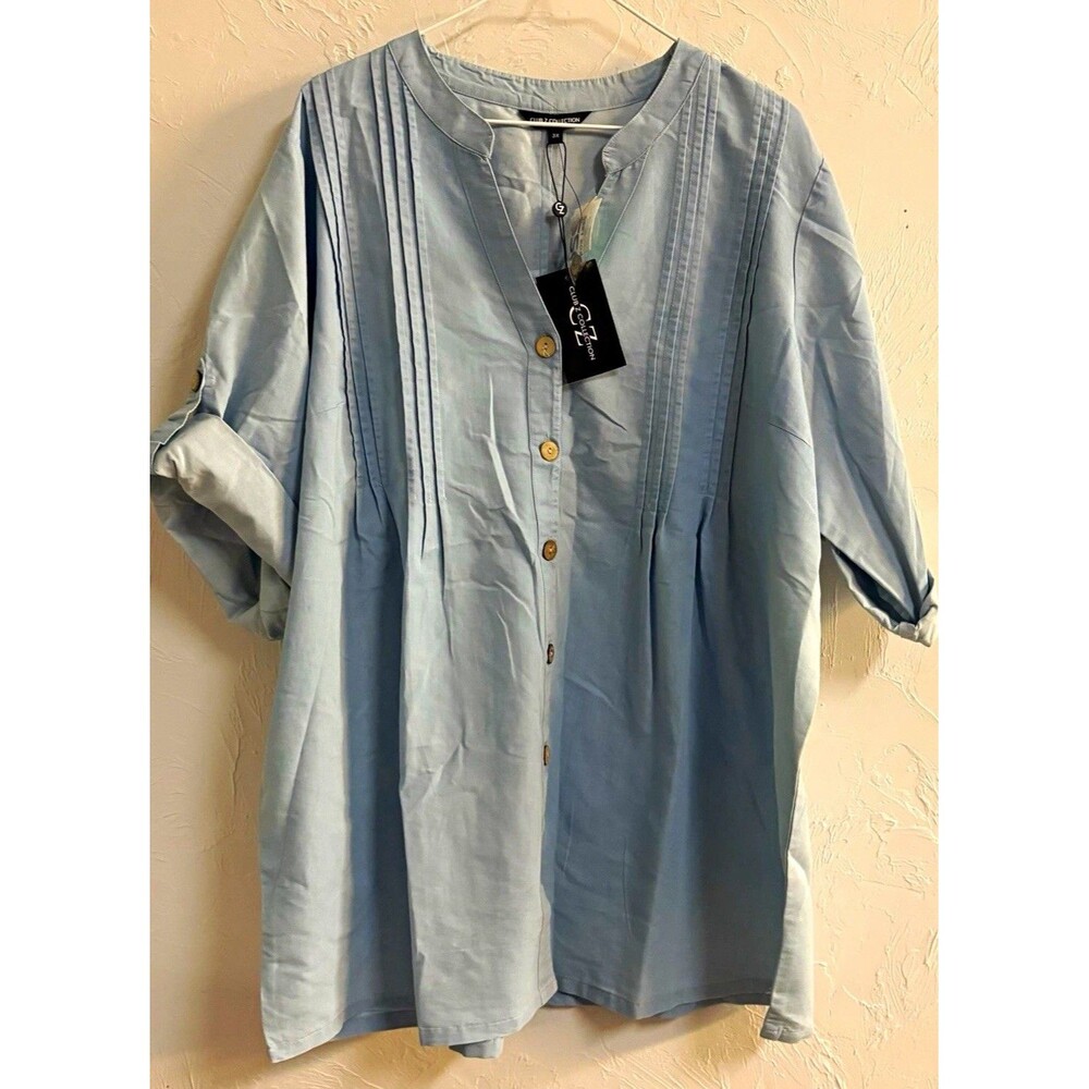Club Z Collection Women’s Blouse 3X Blue Solid V-Neck 3/4 Sleeve Button Front